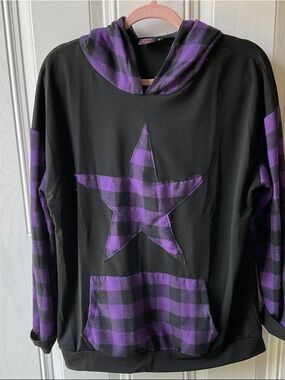 Black Hoodie with Purple Plaid Star Accent - Women’s Top